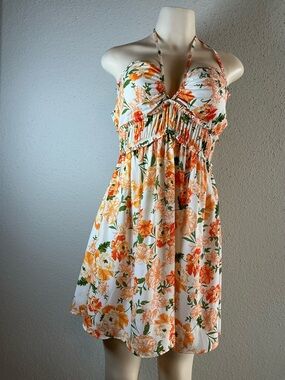 Sienna Sky White Halter Mini Dress with Orange Floral Print